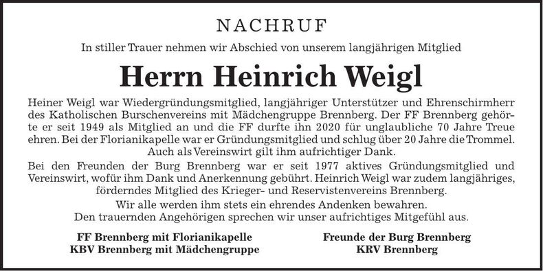 Traueranzeige Heiner Weigl