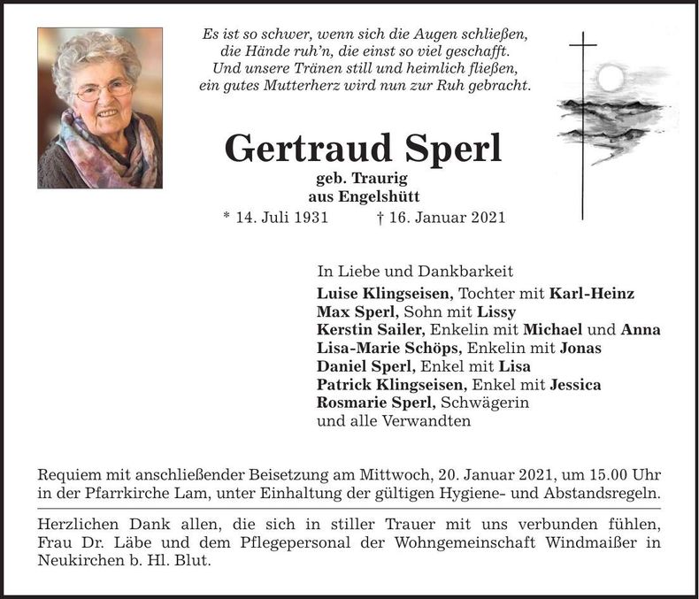 Traueranzeige Gertraud Sperl