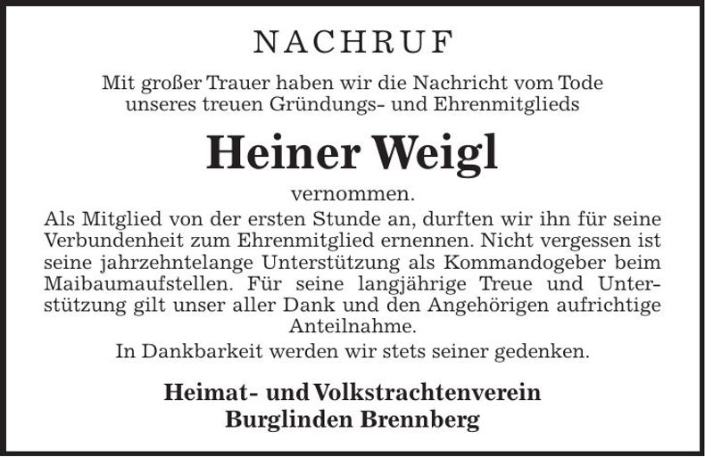 Traueranzeige Heiner Weigl