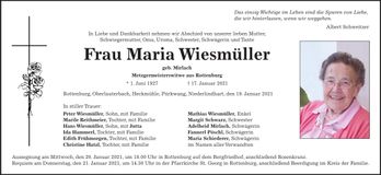 Traueranzeige Maria Wiesmüller