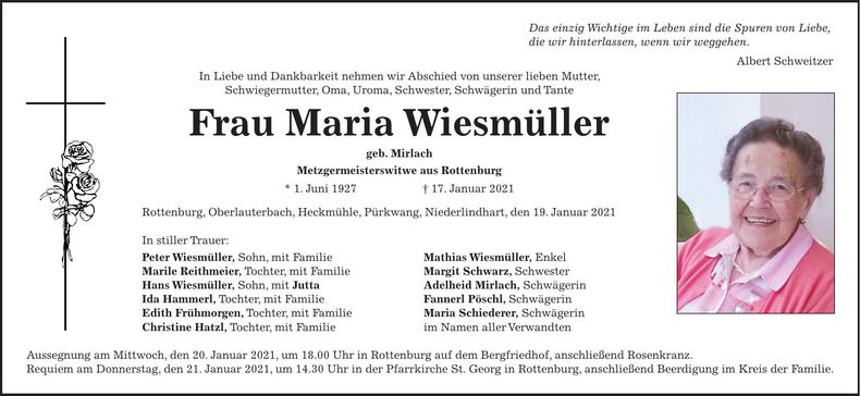 Traueranzeige Maria Wiesmüller