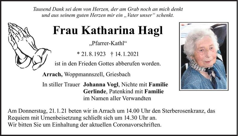 Traueranzeige Katharina Hagl