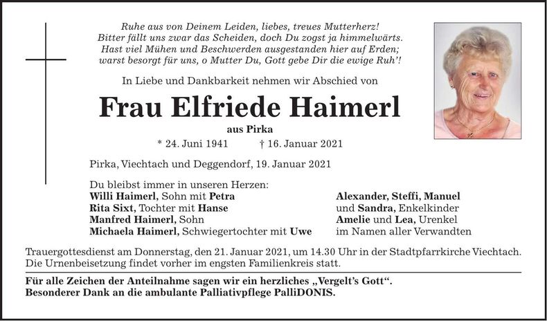 Traueranzeige Elfriede Haimerl