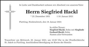 Traueranzeige Siegfried Hackl