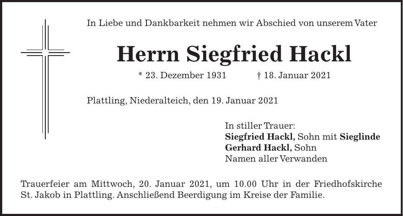 Traueranzeige Siegfried Hackl