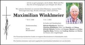 Traueranzeige Maximilian Winklmeier
