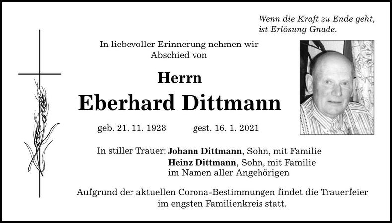 Traueranzeige Eberhard Dittmann