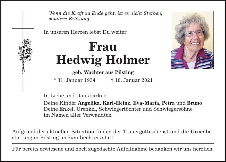Traueranzeige Hedwig Holmer