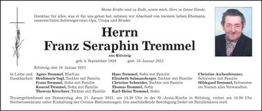Traueranzeige Franz Seraphin Tremmel