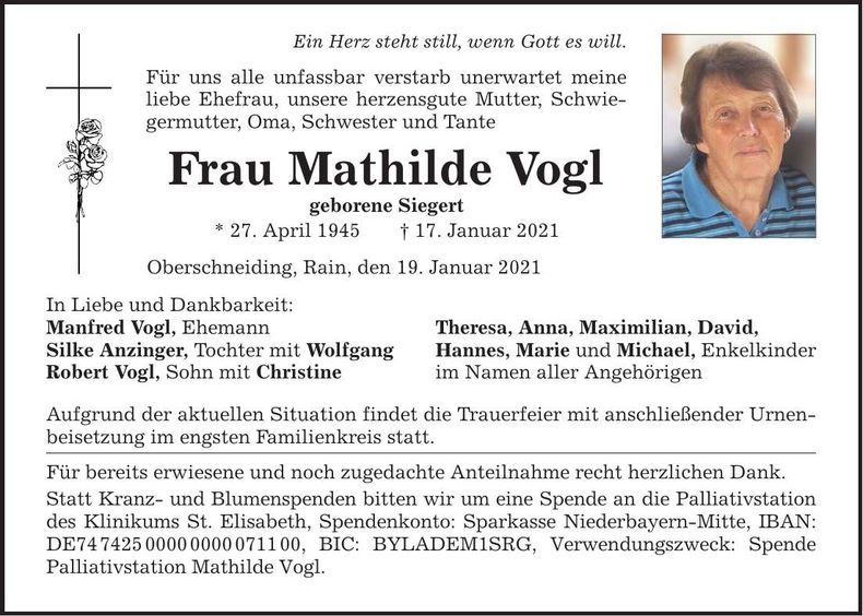 Traueranzeige Mathilde Vogl