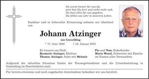 Traueranzeige Johann Atzinger