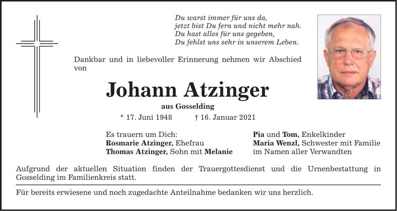 Traueranzeige Johann Atzinger