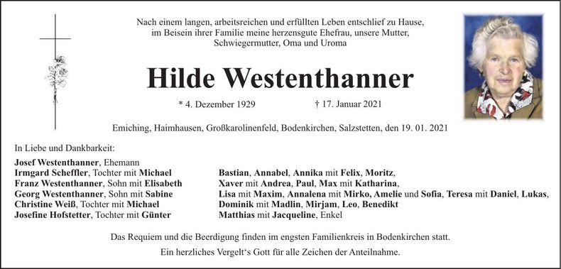Traueranzeige Hilde Westenthanner