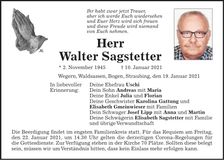 Traueranzeige Walter Sagstetter