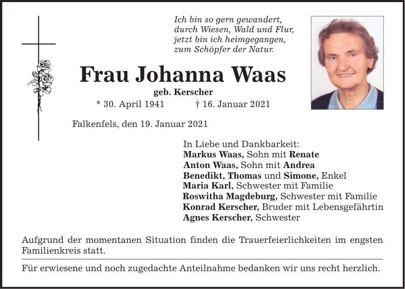 Traueranzeige Johanna Waas