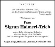 Traueranzeige Siegrun Haimerl-Trieb