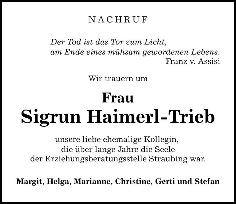 Traueranzeige Siegrun Haimerl-Trieb