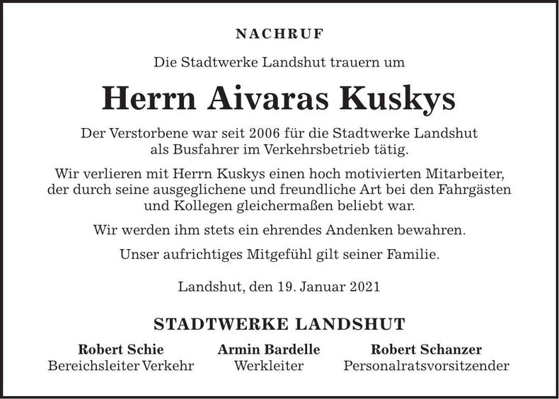Traueranzeige Aivaras Kuskys