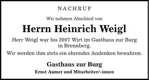Traueranzeige Heinrich Weigl