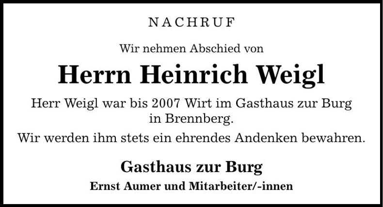 Traueranzeige Heinrich Weigl