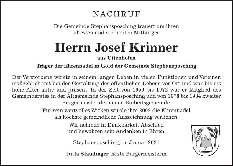 Traueranzeige Josef Krinner