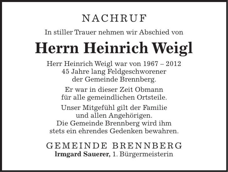 Traueranzeige Heinrich Weigl