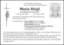 Traueranzeige Maria Heigl