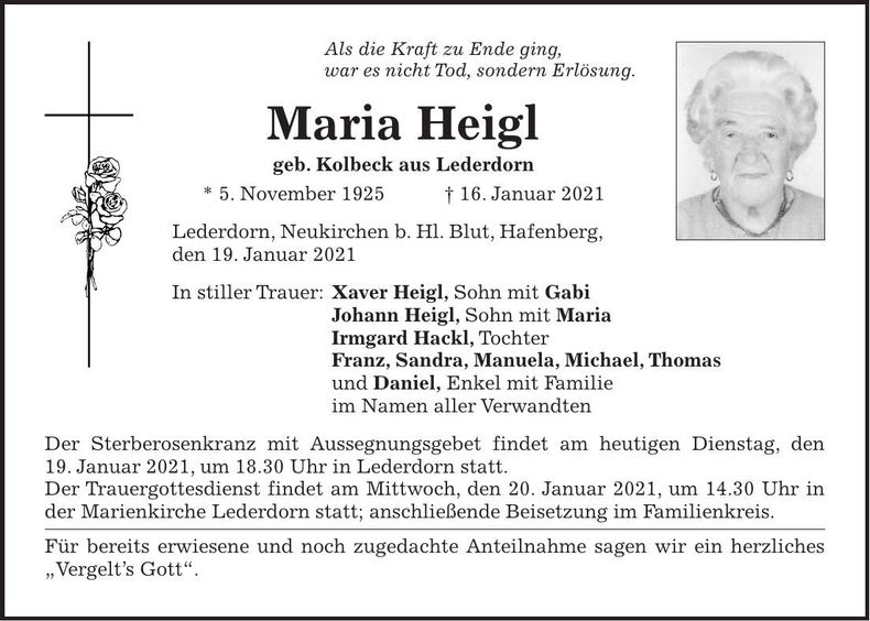 Traueranzeige Maria Heigl