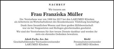 Traueranzeige Franziska Müller