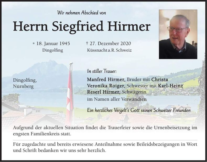 Traueranzeige Siegfried Hirmer