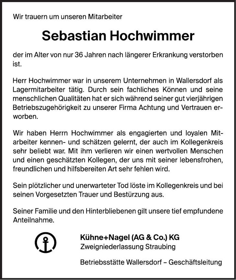 Traueranzeige Sebastian Hochwimmer