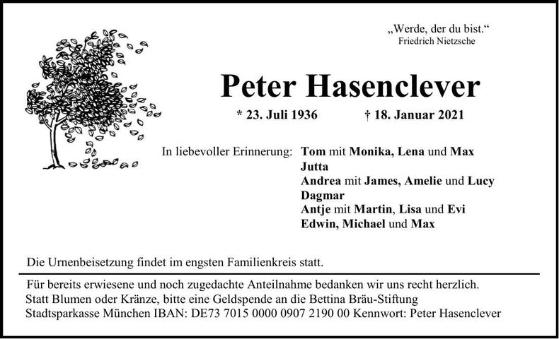 Traueranzeige Peter Hasenclever