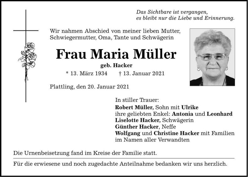 Traueranzeige Maria Müller