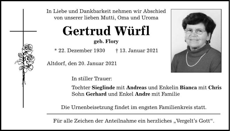 Traueranzeige Gertrud Würfl