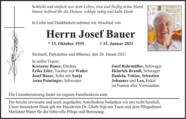 Traueranzeige Josef Bauer
