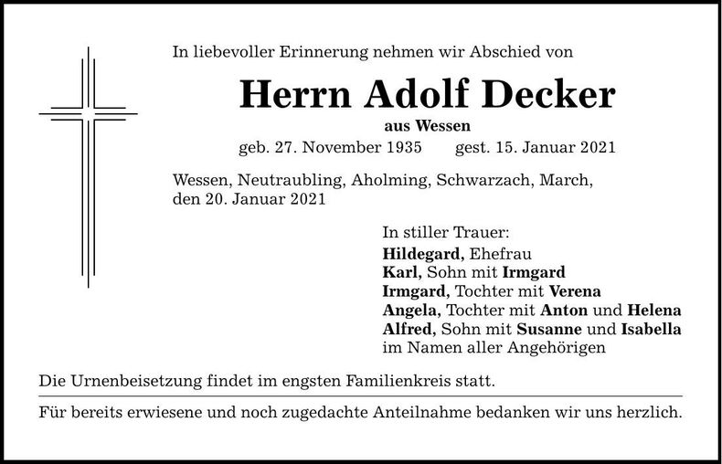 Traueranzeige Adolf Decker