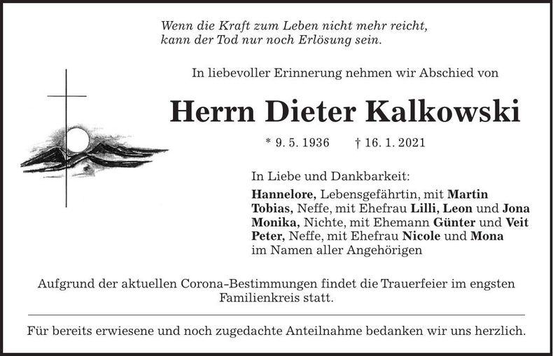 Traueranzeige Dieter Kalkowski