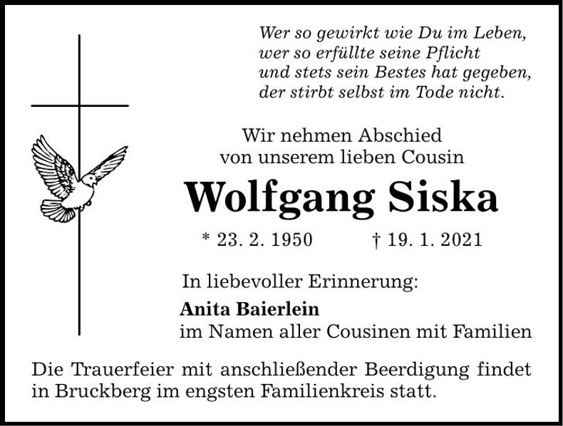 Traueranzeige Wolfgang Siska