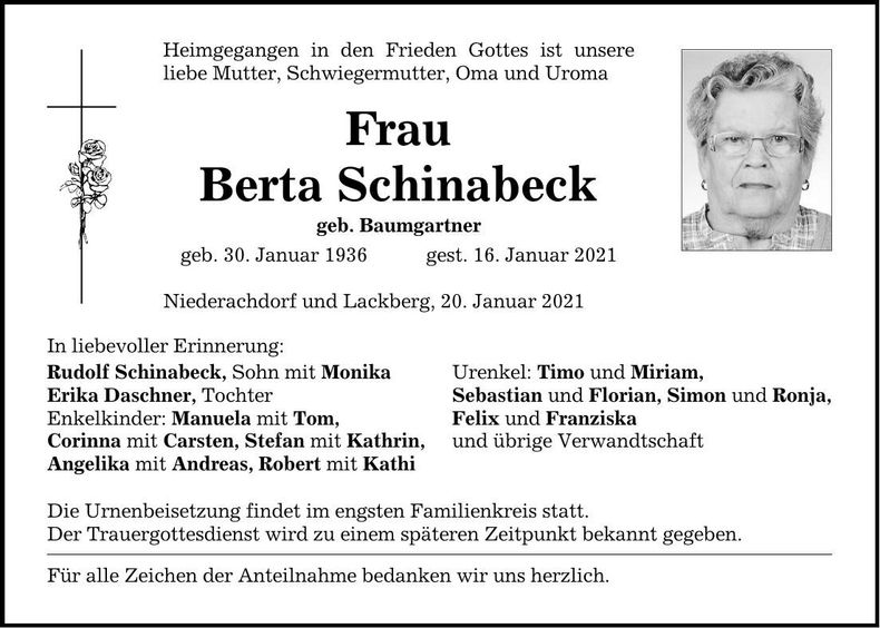 Traueranzeige Berta Schinabeck