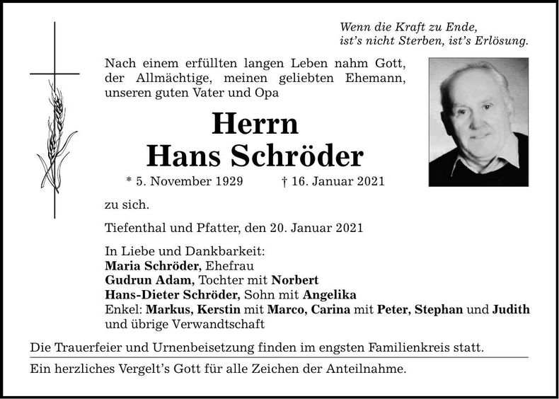 Traueranzeige Hans Schröder