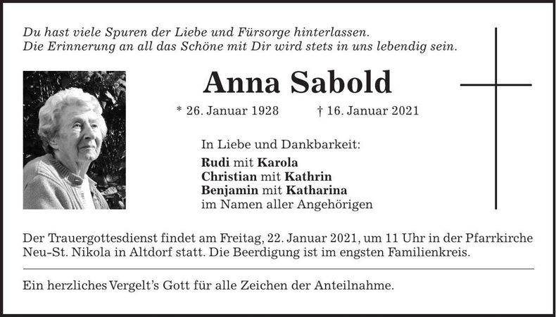 Traueranzeige Anna Sabold