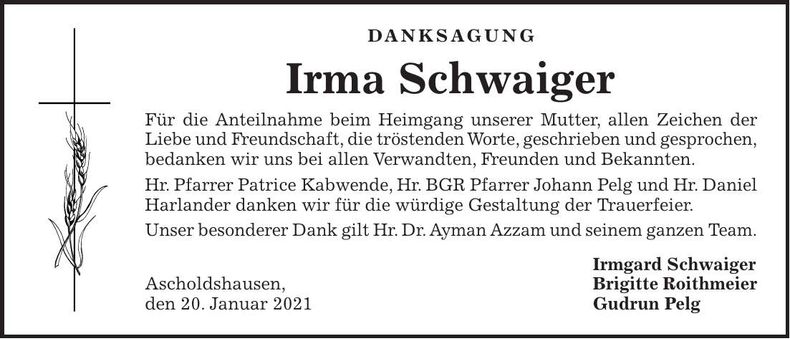 Traueranzeige Irma Schwaiger