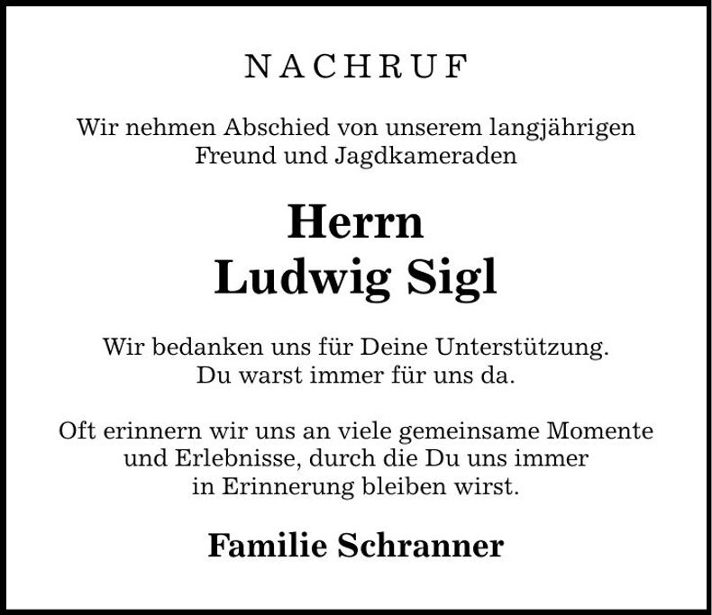 Traueranzeige Ludwig Sigl