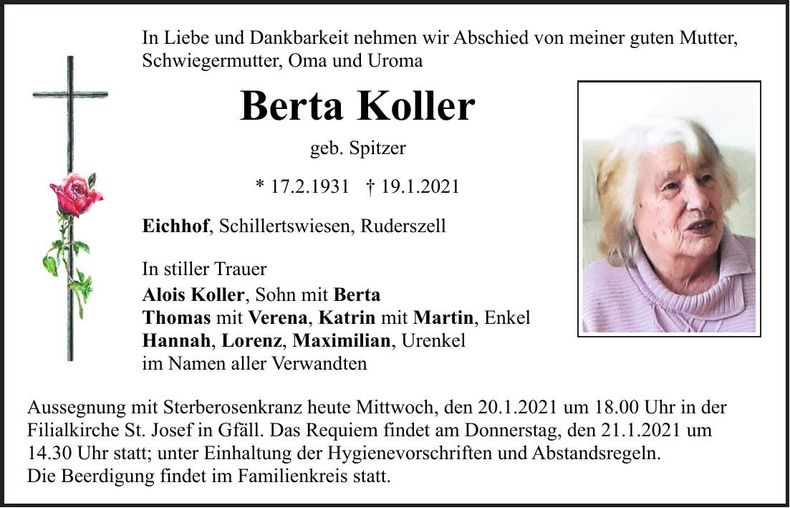 Traueranzeige Berta Koller