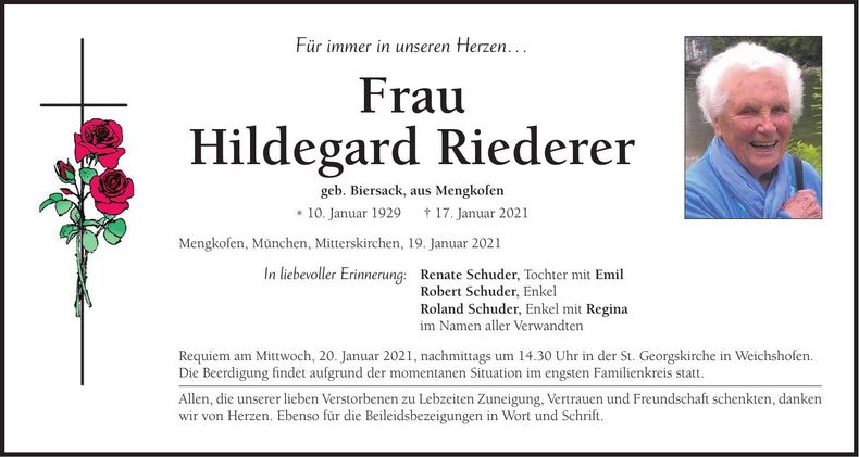 Traueranzeige Hildegard Riederer