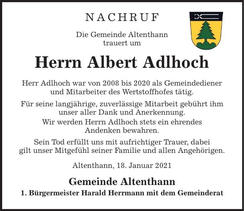Traueranzeige Albert Adlhoch