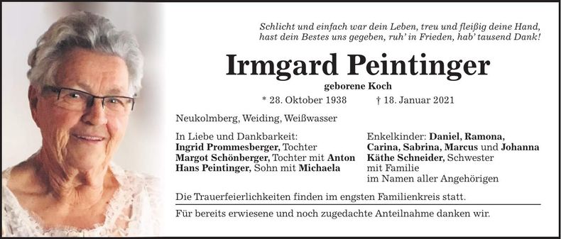 Traueranzeige Irmgard Peintinger