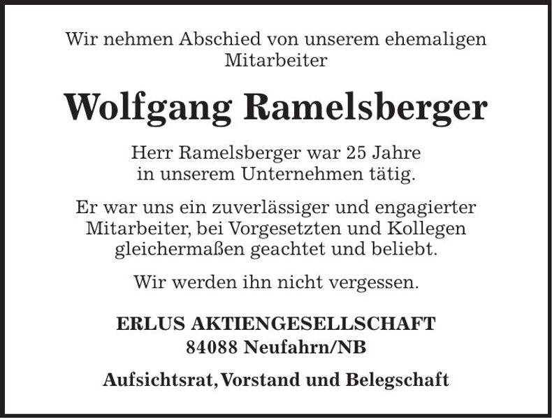 Traueranzeige Wolfgang Ramelsberger