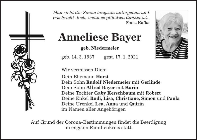 Traueranzeige Anneliese Bayer