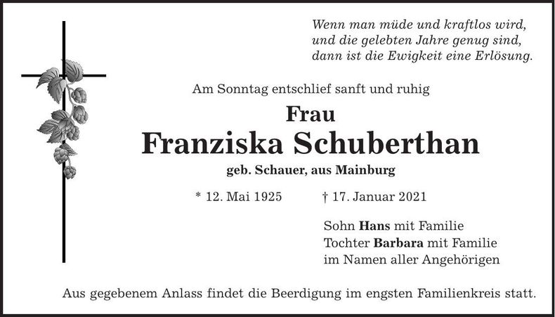 Traueranzeige Franziska Schuberthan
